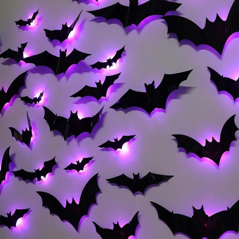 NOOVIEN 24 Pack Halloween Bats Wall Decor – Lighted 3D Bat Stickers Assorted Size for Halloween Party, Bedroom Window Decorations, Indoor and Outdoor Home Decals